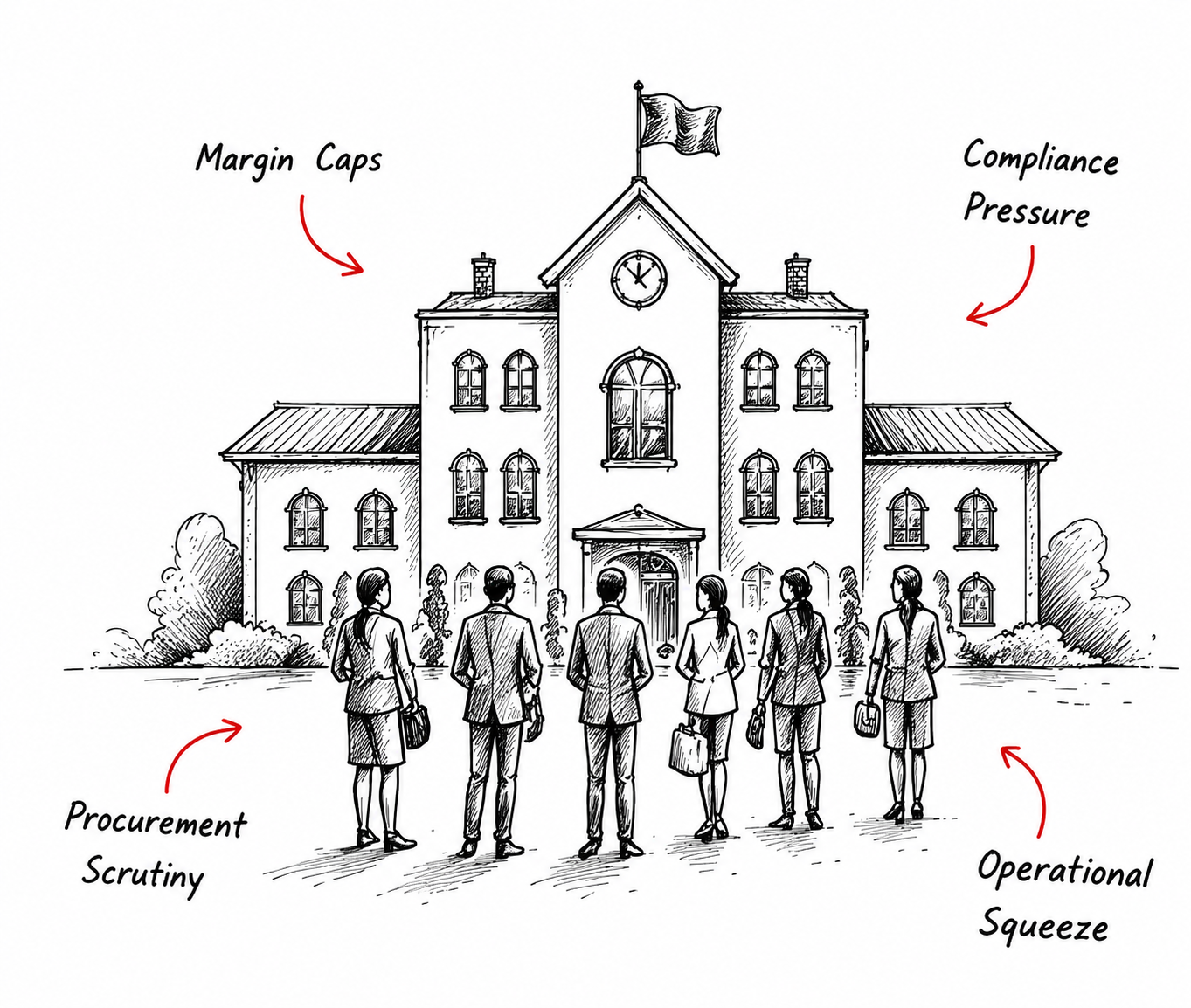 Sketch illustration of education recruitment and payroll compliance pressures including margin caps, procurement scrutiny, operational squeeze and compliance pressure.