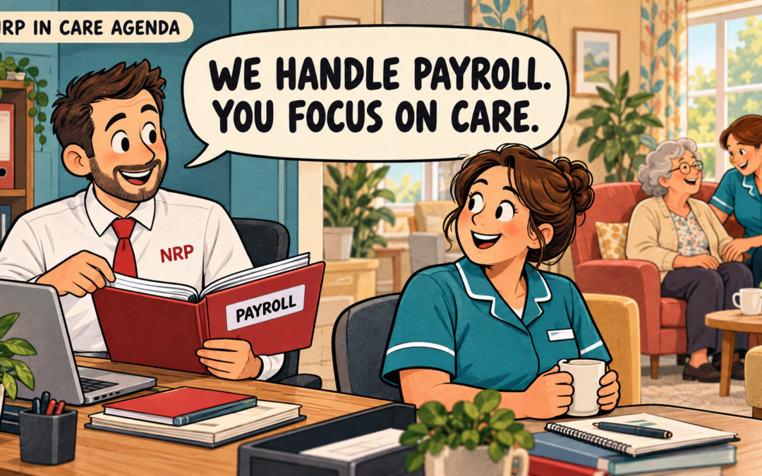 Cartoon of an NRP payroll specialist supporting a care manager, with a carer and resident in the background. Speech bubble reads: “We handle payroll. You focus on care.”